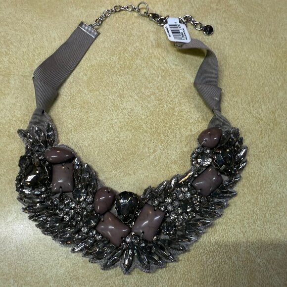 Loft Fabric Strap Bib Necklace with Gray & Pink Beads - Picture 1 of 3